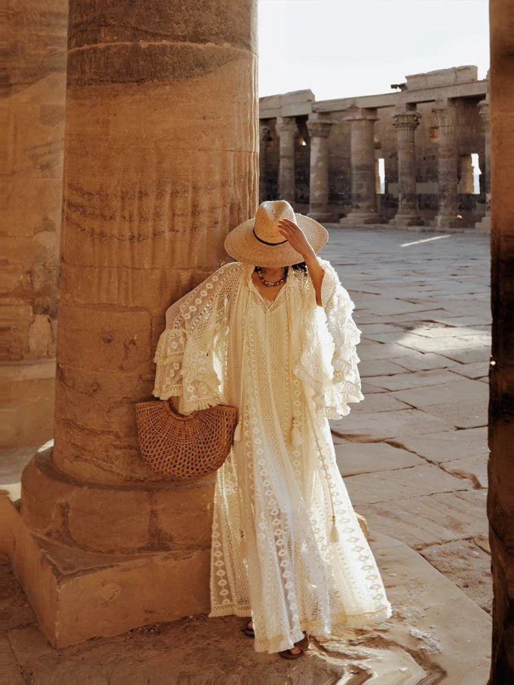 TIYIHAILEY Lace Embroidery Spring Women Dresses Full Flare Sleevev Beige Loose Ladies Clothing Fashion Long Maxi 2025 2pcs New