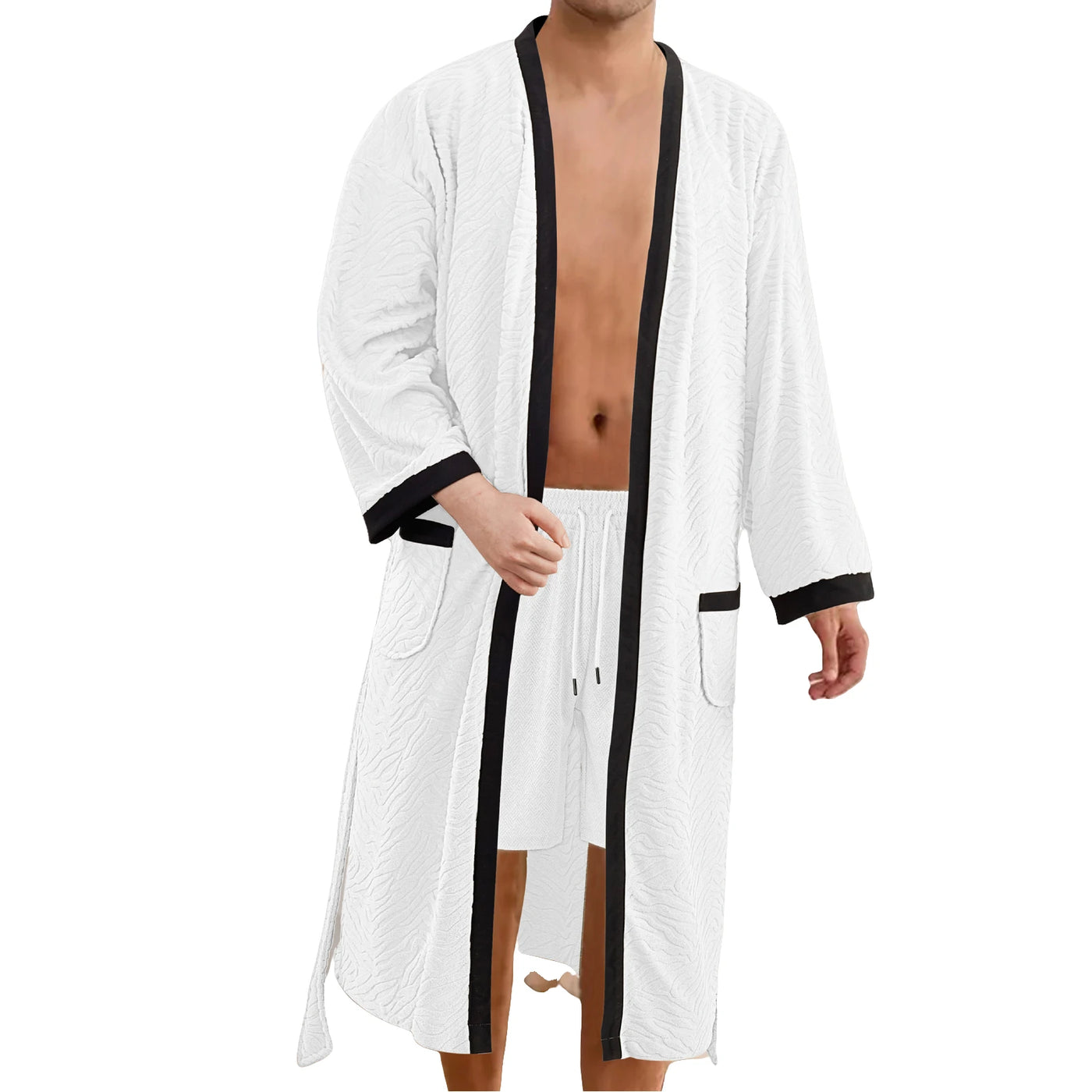 Men's Long Jacquard Soft Belted Bathrobe