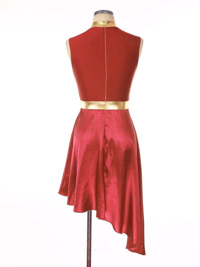 Women Lyrical Dance Dress Color Block Patchwork Invisible Zipper Back Flowy Asymmetrical Hem Sleeveless Dresses Dancewear