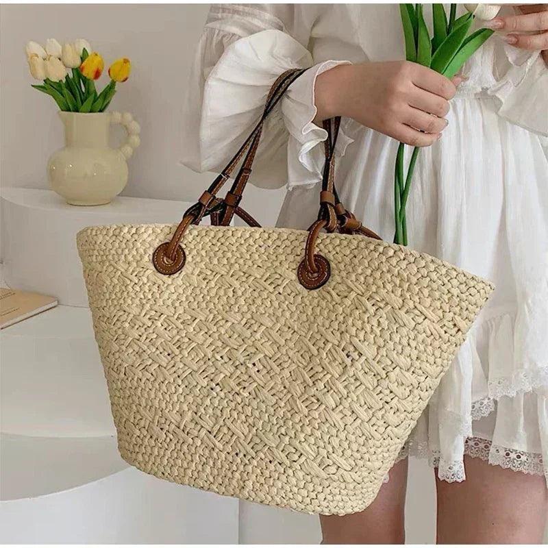 Designer bohemian chic shoulder bag,solid color large capacity straw woven tote bag,nature-inspired beach vacation