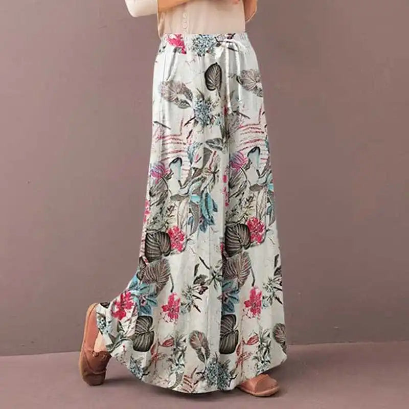 Women Floral Print Wide Leg Pants Spring Autumn Fashion Drawstring Bohemia Trousers Ladies Casual Loose Elastic Waist Pantalon