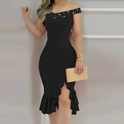 Womens Dresses New Summer Fashion Beaded Off Shoulder Ruffles Slit Hem Elegant Plain Short Sleeve Skinny Midi Party Dress