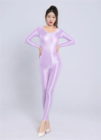 Women's Sexy Yoga Shaper Jumpsuit Dance SM Wear Oil Glossy High Elastic Long Sleeves Bodysuit Sheer Slip Satin Slimming Tights
