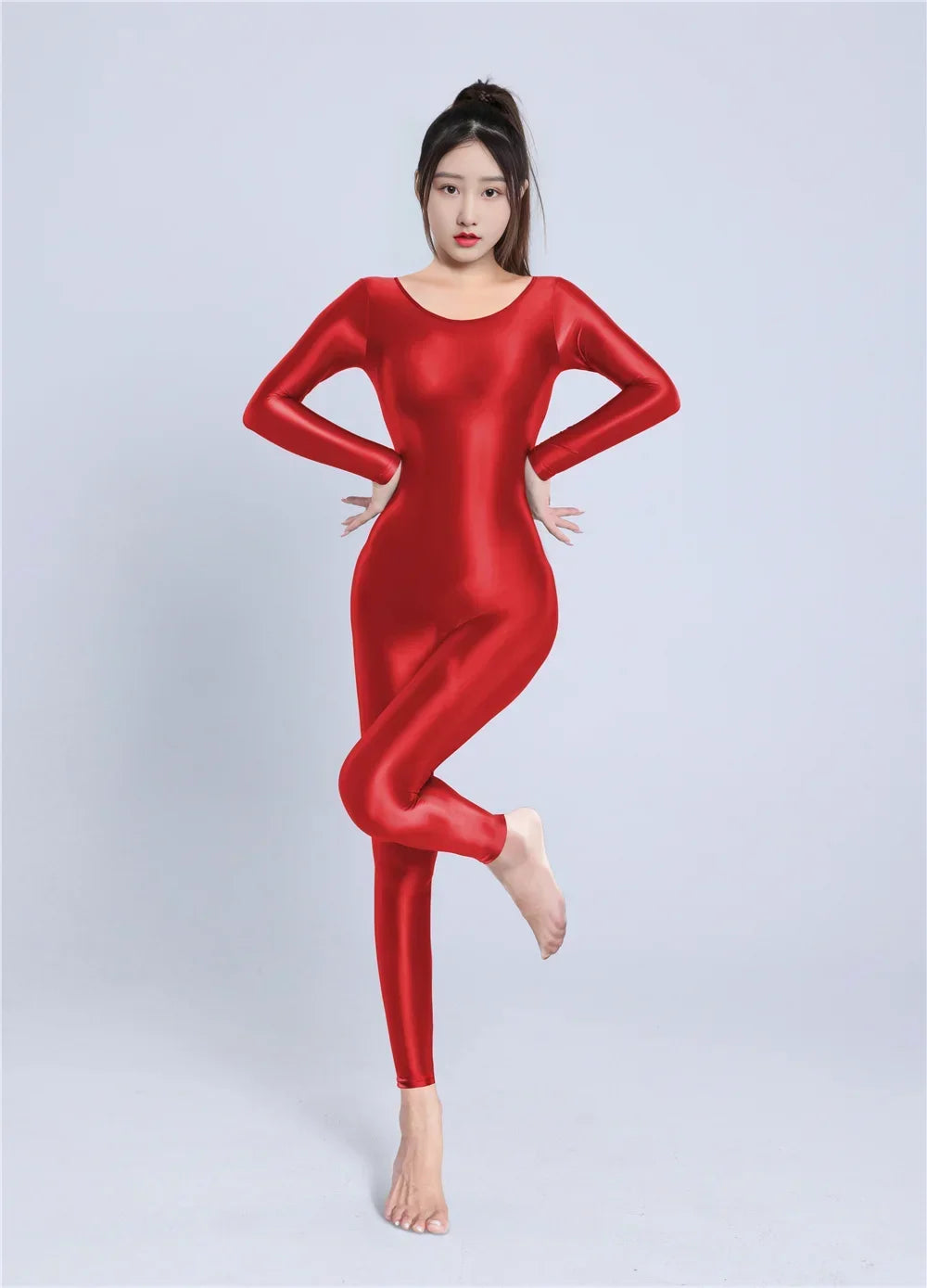 Women's Sexy Yoga Shaper Jumpsuit Dance SM Wear Oil Glossy High Elastic Long Sleeves Bodysuit Sheer Slip Satin Slimming Tights