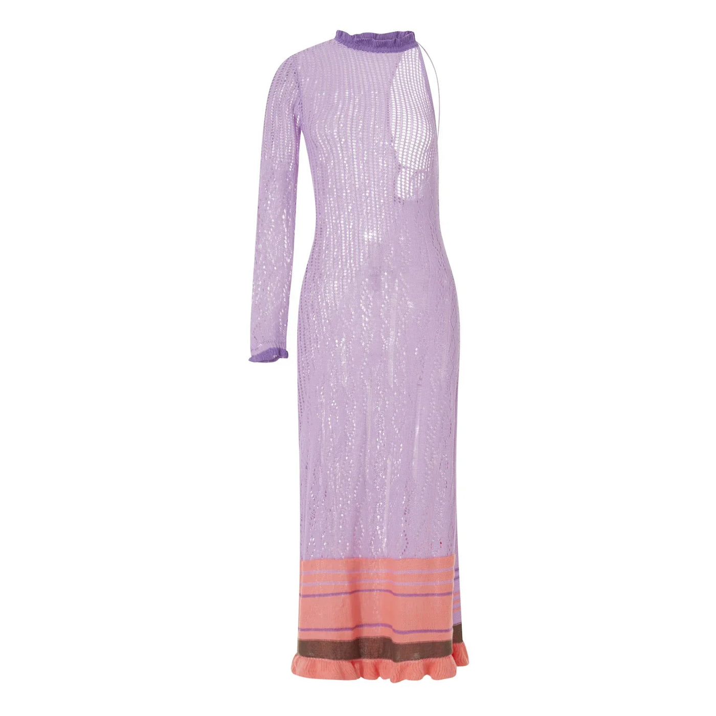 Crochet Knitted Dress for Women Contrast Hollow-Out See-Through One Shoulder Long Sleeve Beach Dress Bikini Cover-Ups