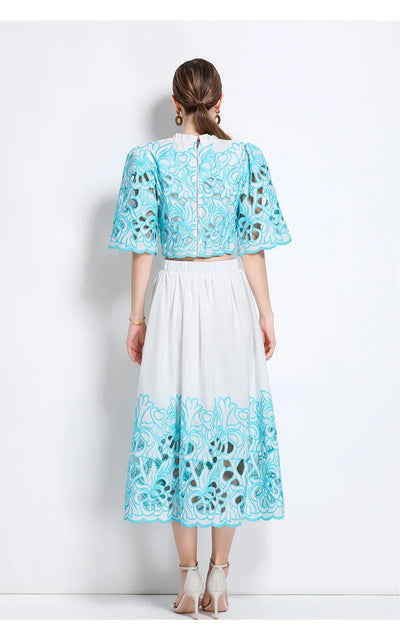 Summer Short Sleeve A-LINE Set Skirt for Women Fashion Ruffled Collar Embroidery Set Skirt Women Vestidos De Verano Mujer Q344