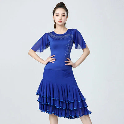 Adult Women Modern Dance Dress Social Dancewear Short Sleeve Mesh Fairy Top Large Swing Skirt Performance Dancing Costume