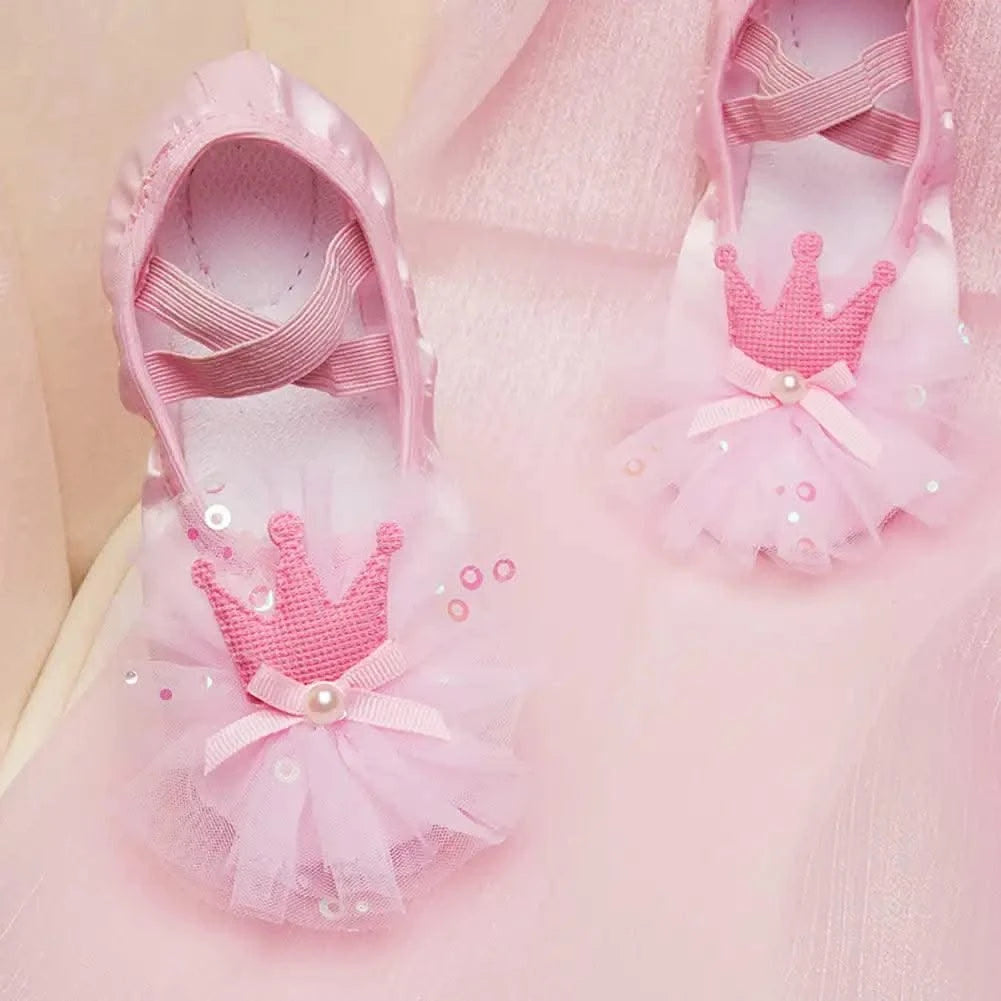 Children's Ballet Shoes Girls Professional Dance Satin Crown Lace Ballet Shoes Soft Sole Professional Training Princess Shoes
