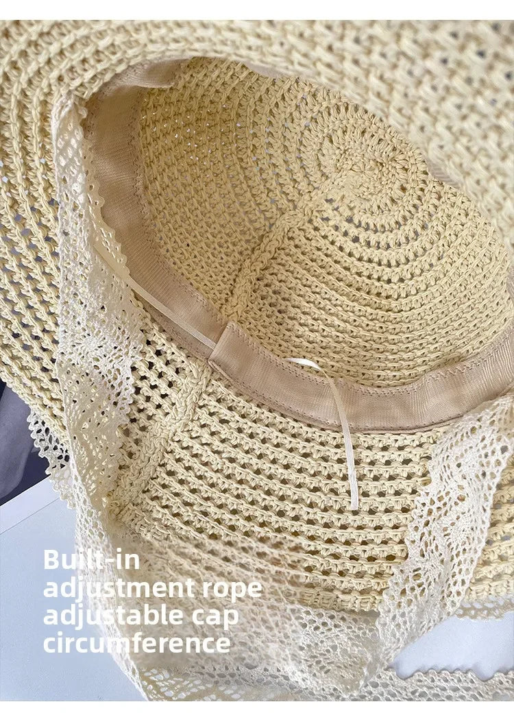 Sunscreen Hat for Women Summer Outdoor Sun Hat Large Brim French Lace Straw Hat Woven Vacation Beach Hat