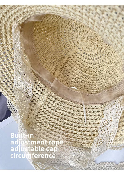 Sunscreen Hat for Women Summer Outdoor Sun Hat Large Brim French Lace Straw Hat Woven Vacation Beach Hat