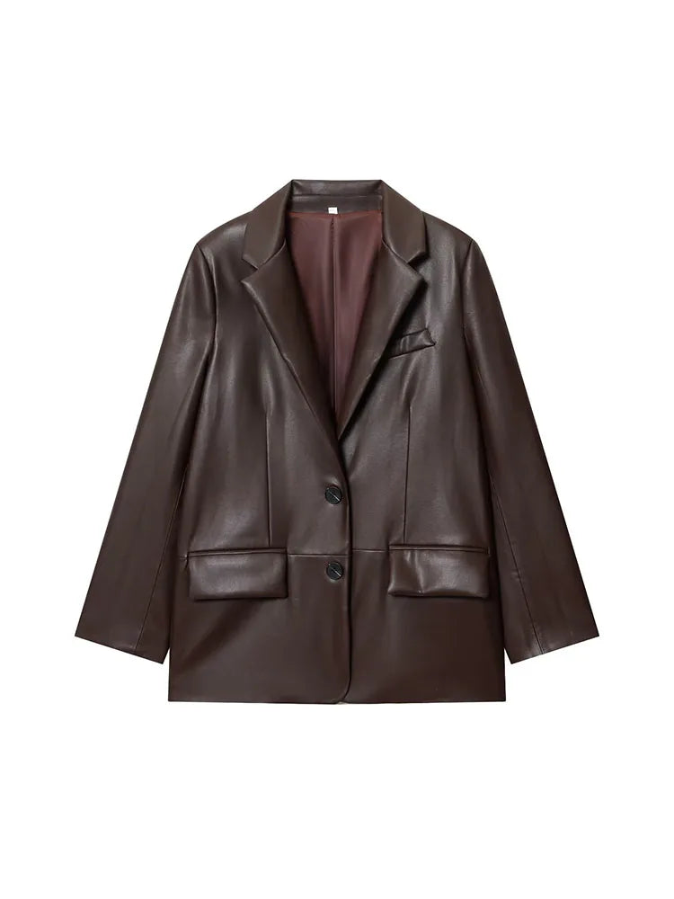 2025 Women Autumn Blazers Coats Casual Solid Loose Leather Single Breasted Female Elegant Street Blazer Outerwear Clothing