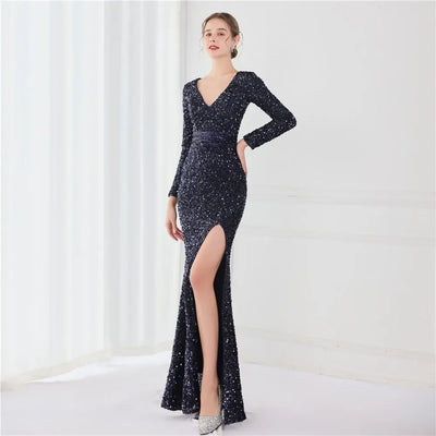 DEERVEADO Sexy Slit V Neck Black Sequins Evening Dress Women Mermaid Maxi Party Dresses Long Prom Dress