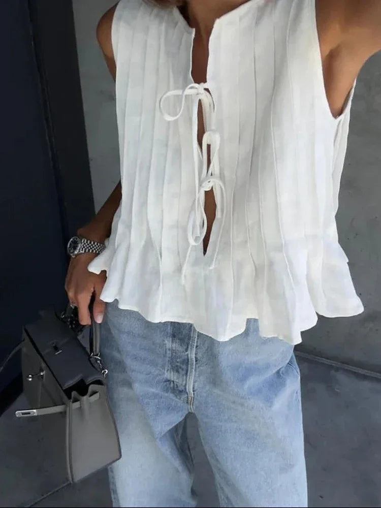 Fashion Bow Lace Up Linen Tops For Women