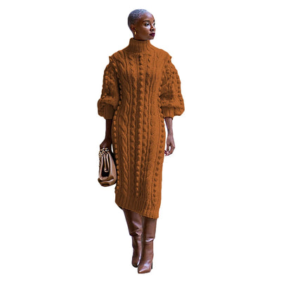 Womens Knitted Dresses High Neck Long Sleeve Sweater Dress with Split Ladies Vintage Knit Midi Dress Casual Fashion Winter