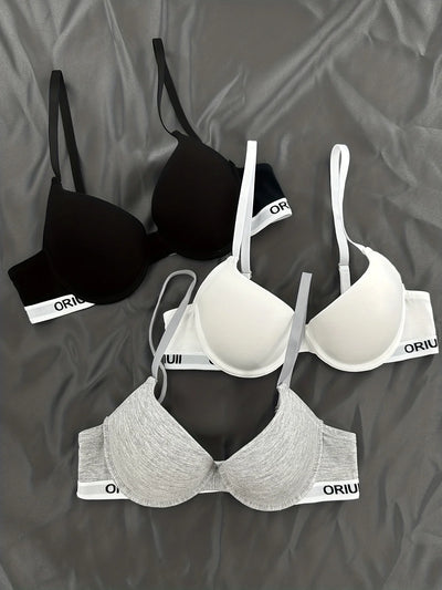 3 pieces of letter print sports bras, comfortable and breathable undergarments, women's underwear.