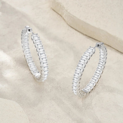 JIUZUAN S925 Sterling Silver Baguette Moissanite Hoop Earrings for Women Full Stone Geometric Design Elegant Jewelry Daily Wear