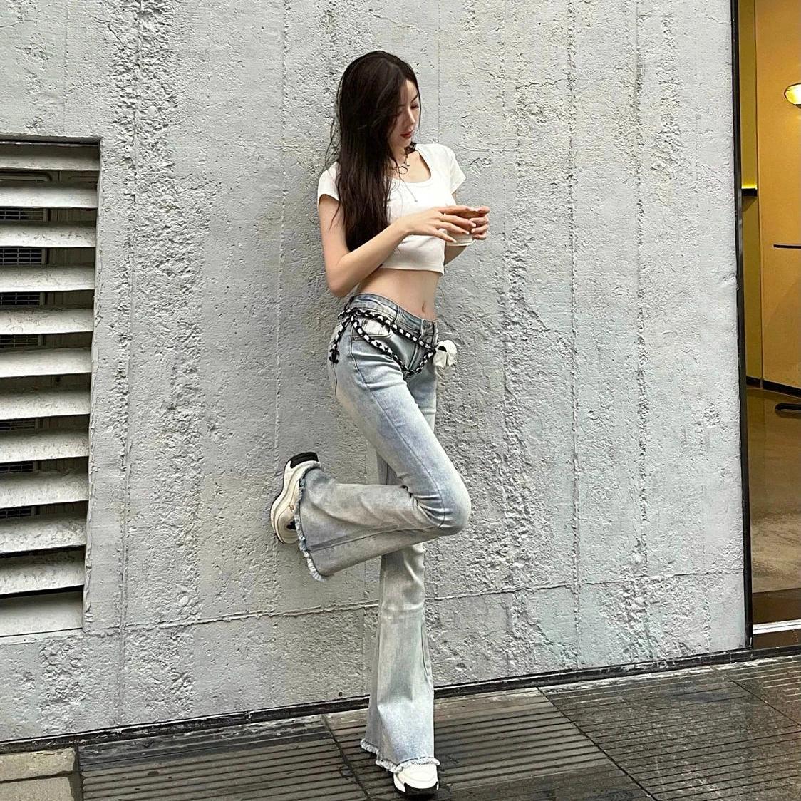 Ladies Flared Leggings Skinny Trend Bell Bottom Low Waist Wide Leg Long Sexy Fashion Denim Jeans Pants for Women 2024 Vintage