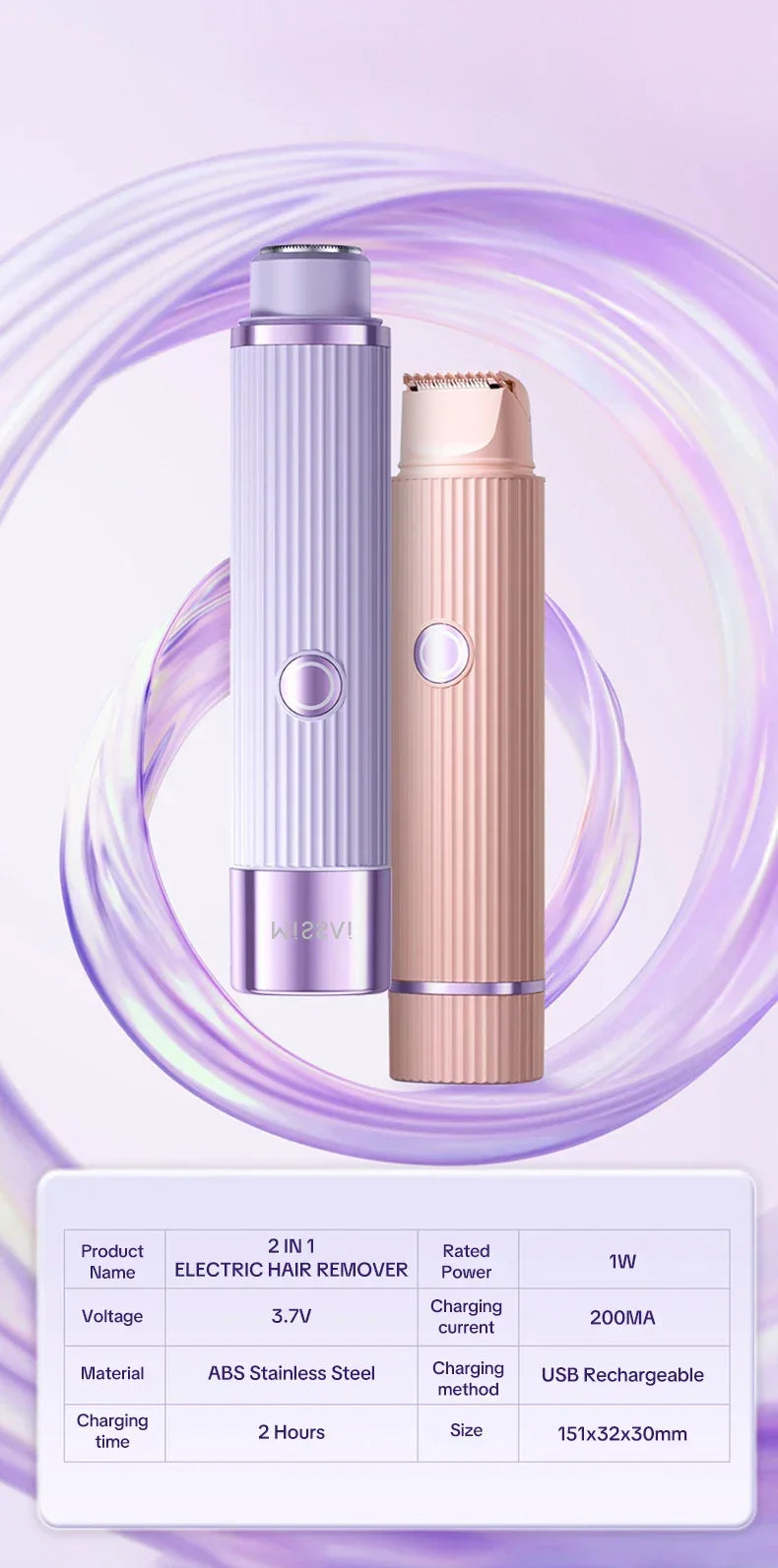 Electric Razors for Women 2in1 Bikini Trimmer Facial Mustache Shavers for Ladies Body Underarms Legs Portable Painless Epilator