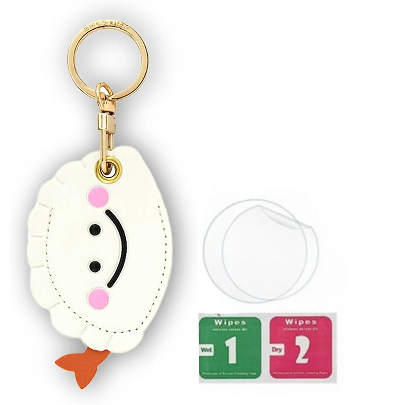 White fish-shaped AirTag keychain with orange tail, pink cheeks, and hand straps
