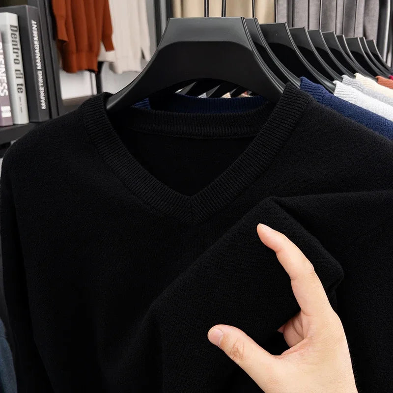 New Sweatwear Men's V Neck Basic Solid Color Sweaters Round Neck Elastic Pullovers Warm Autumn Knitted Oversized Sweater Men