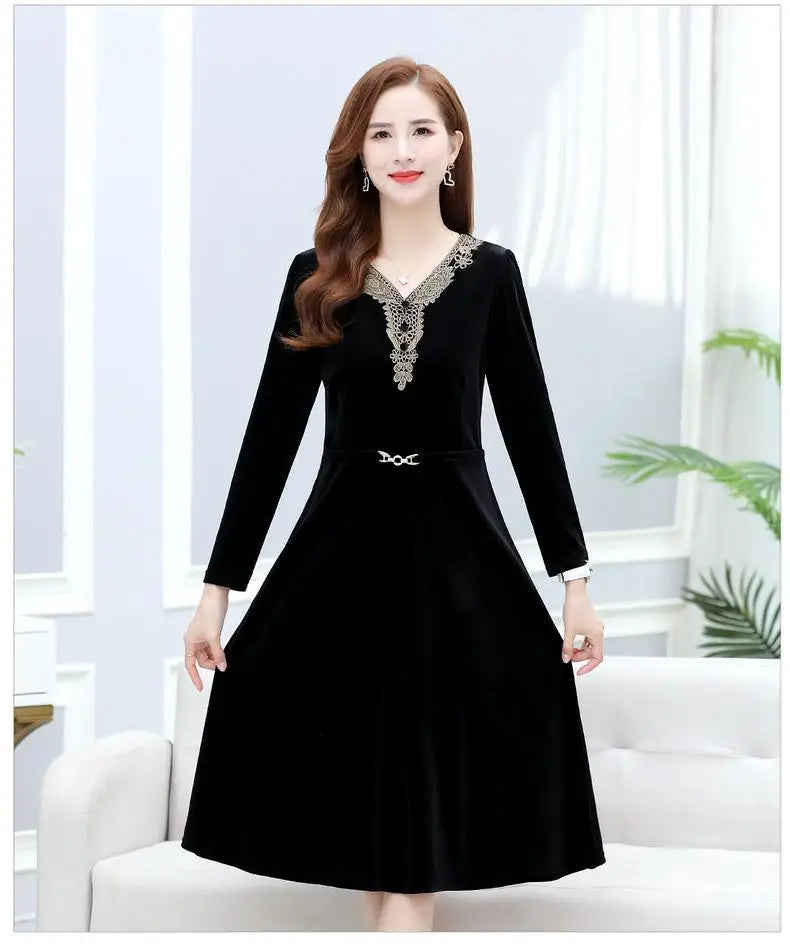 Elegant Purple Velvet Dress With Embroidered Lace V Neck And Belted Waist For Women Autumn Winter Casual Wear