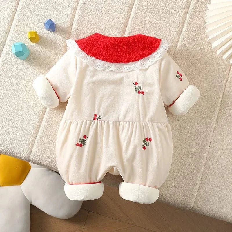 Cute & Thick Floral Peter Pan Collar Fur Lining Jumpsuit/Romper |Fall Winter Baby Clothes 0-2Y Girls |  Newborn |Toddler Outwear