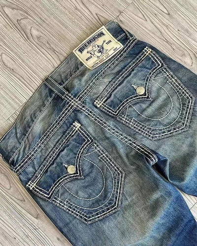 American style trendy jeans men religious Buddha loose denim pants thick line straight leg casual high street jeans men clothing