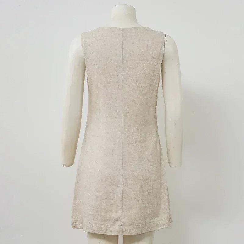 Women’s casual linen sleeveless dress v-neck chic elegant cotton-linen blend summer fashion sexy new arrival vestidos
