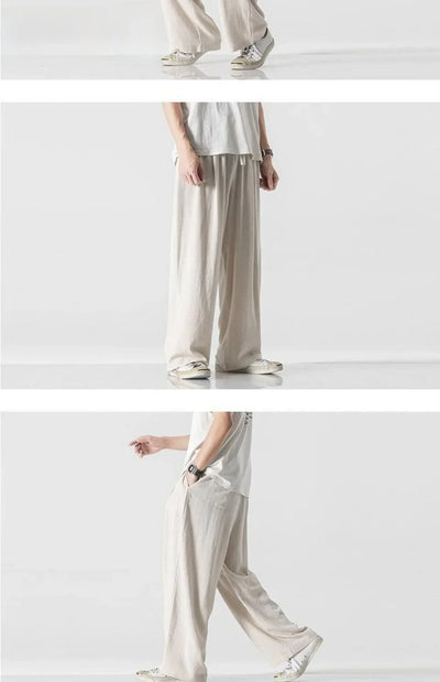 Summer Large Size Linen Cotton Wide Leg Pants Men Casual Comfortable Loose Fit Straight Leg Trousers Long Pants