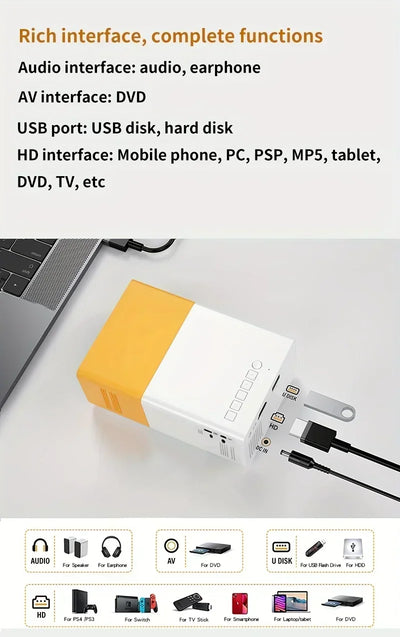 Mini portable YG300 projector, suitable for home theater, phone, compatible with USB and HDMI connections