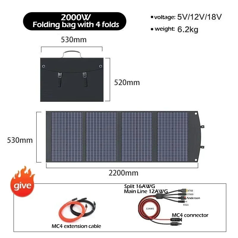 Flexible, Foldable, High Efficiency Solar Panel, Travel & Phone & Boat, Portable 12V 2000w 1500w 1000w 500w Solar Panel Kit
