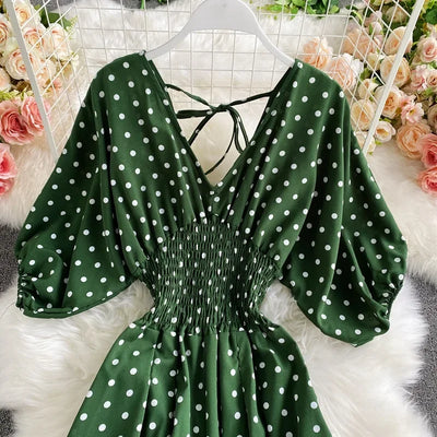 V Neck Sexy Dolman Sleeves Waist Slim Polka Dot Print Jumpsuit Women Wide Leg Trousers Jumpsuit