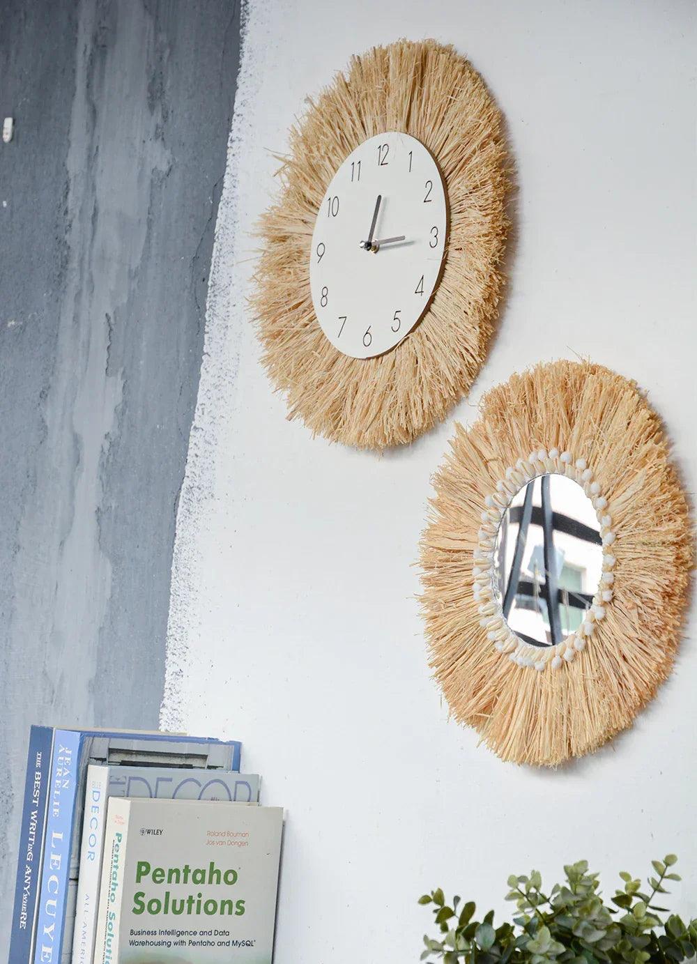 Home decor hanging mirror raffia wood beads acrylic multifunct decorative decorations bedroom wall room