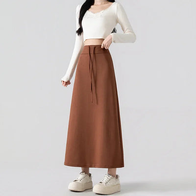 Simple Solid Color Long Skirts for Women Autmn Winter Chic Back Slit A-Line Midi Skirt Elegant Drawstring All Match Maxi Skirts