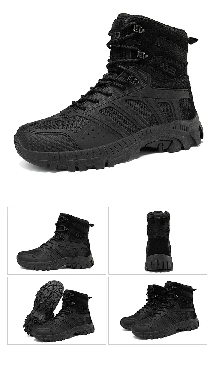 Men's high top hiking boots, sporty and stylish outdoor style, solid color, anti slip and wear-resistant rubber sole