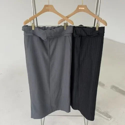 Slimming High Waist Striped f Skirt for Women Spring New Sle Turn up  Straight Long Skirt Faionable Design Sensation