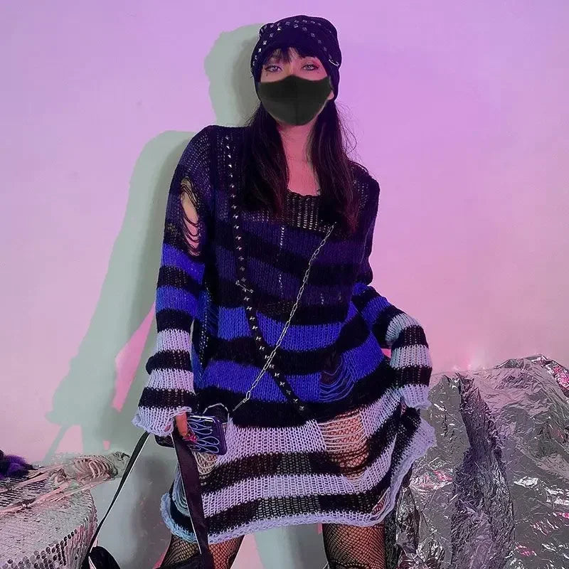 Gothic Sweaters Women Ripped Holes Loose Knitted Purple Striped Pullover Frayed Fairy Grunge Jumpers Emo Streetwear Lolita