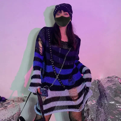 Gothic Sweaters Women Ripped Holes Loose Knitted Purple Striped Pullover Frayed Fairy Grunge Jumpers Emo Streetwear Lolita