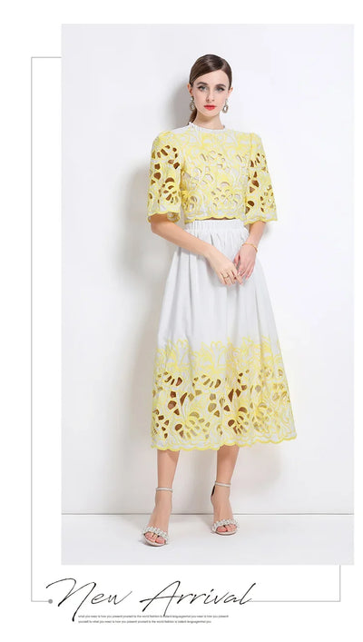 Summer Short Sleeve A-LINE Set Skirt for Women Fashion Ruffled Collar Embroidery Set Skirt Women Vestidos De Verano Mujer Q344