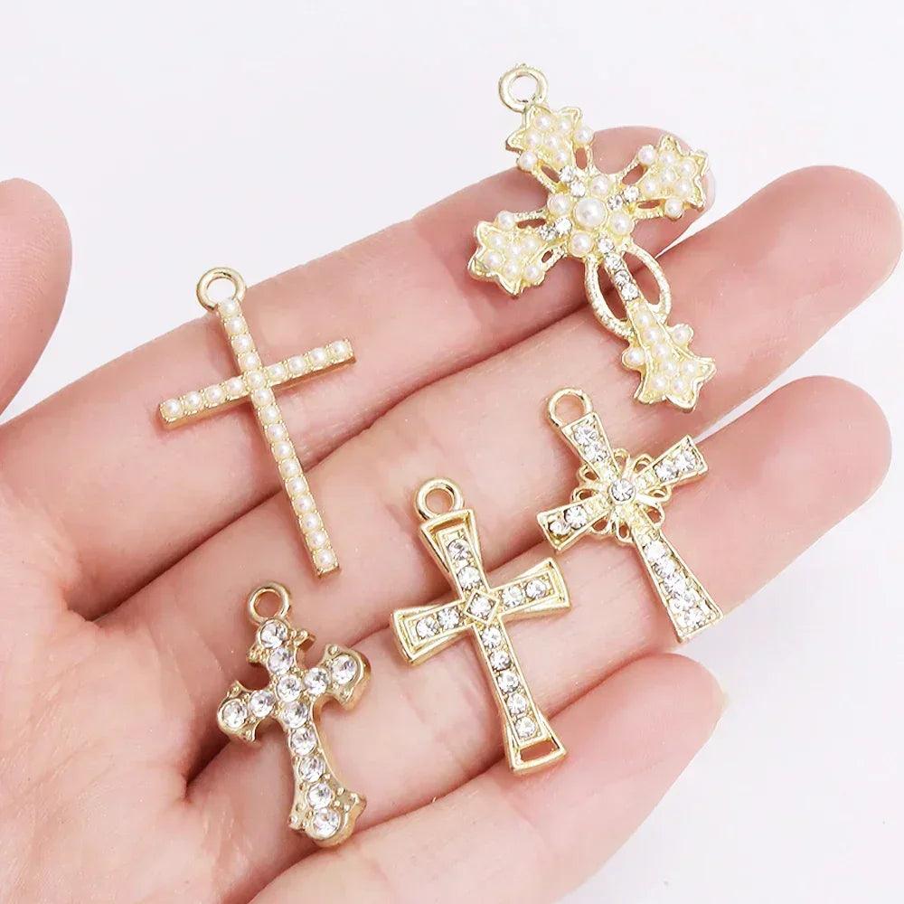Mixed 10pcs pearl zircon cross charms crucifix pendant jewelry making supplies diy luxury necklaces earrings