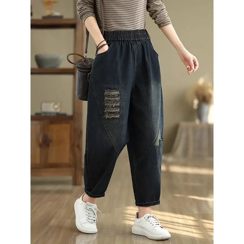 Women's Wide Leg Jeans 2025 New Autumn Denim Pants Oversized Loose Ripped Radish Dad Elastic Waist Harem Pants