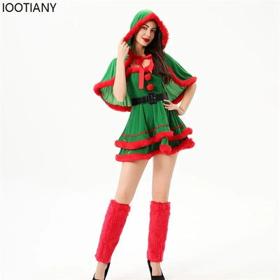 Christmas Costume Women Santa Tube Top Dress With Hood Shawl Belt Xmas Lolita Dresses Christmas Gifts Carnival Party Fancy Suits