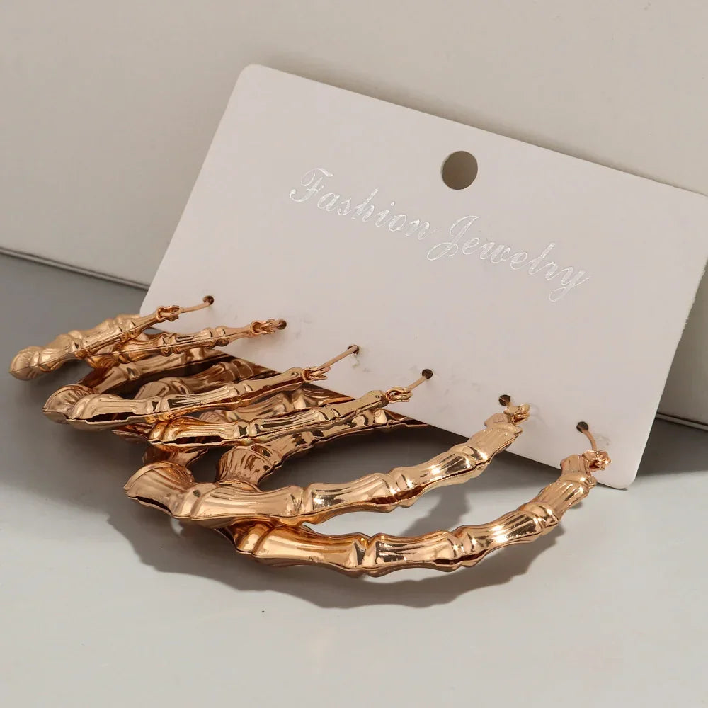 3Pair/set Statement Gold Color Big Bamboo Circle Hoop Earrings for Women Hip Hop Large Round Geometric Earrings Hoops Jewelry