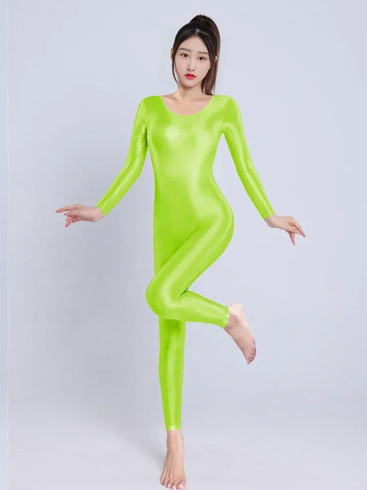 Women's Sexy Yoga Shaper Jumpsuit Dance SM Wear Oil Glossy High Elastic Long Sleeves Bodysuit Sheer Slip Satin Slimming Tights