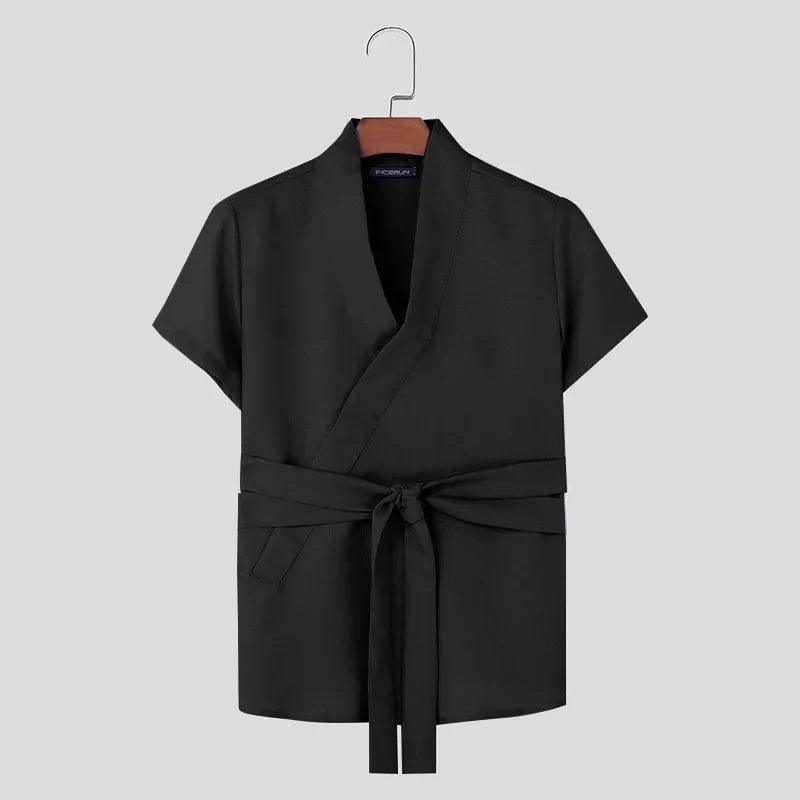 INCERUN Tops 2024 American Style New Men Diagonal Placket Texture Belt T-shirts Summer Casual Solid Short Sleeved Camiseta S-5XL