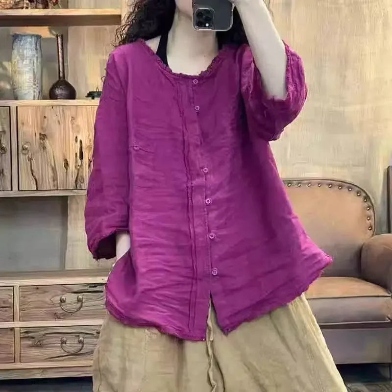 Literary Solid Linen Top For Women