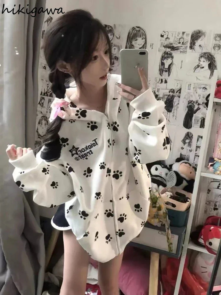 Print Hooded Hoodies 2025 Women Clothing Streetwear Oversized Jackets Ropa Mujer Casual Fashion Zipper Japanese Y2k Sweatshirts