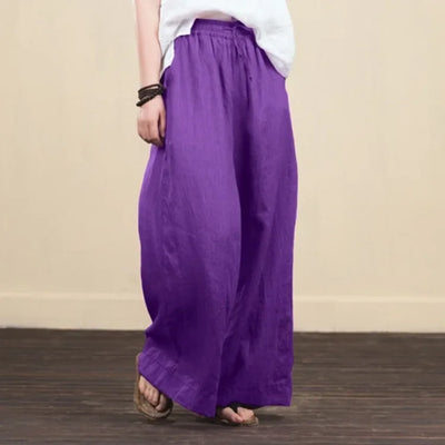 Women Wide Leg Pants Solid Loose Length Pants Cotton Linen Elastic Waist Casual Pants Vintage Mid Waist Pants 5XL