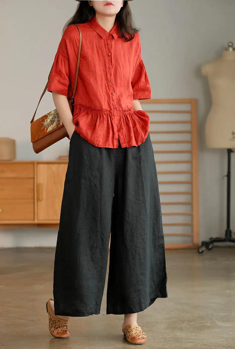 2024 cotton linen home wear loose pants for women summer casual baggy wide leg trousers purple soft capri women’s