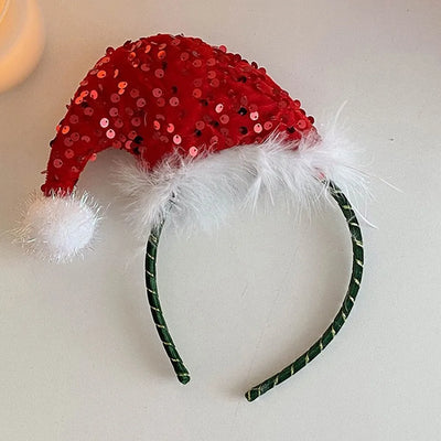 Headwear Sequin Merry Christmas Headbands Festival Red Christmas Hat Hair Hoop Dress Up Plush Holiday Decor